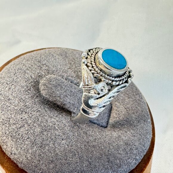 VTG Sterling Silver 925 Turquoise Bezel Set Swan Design Shoulders Ring Size 6 - Picture 4 of 10